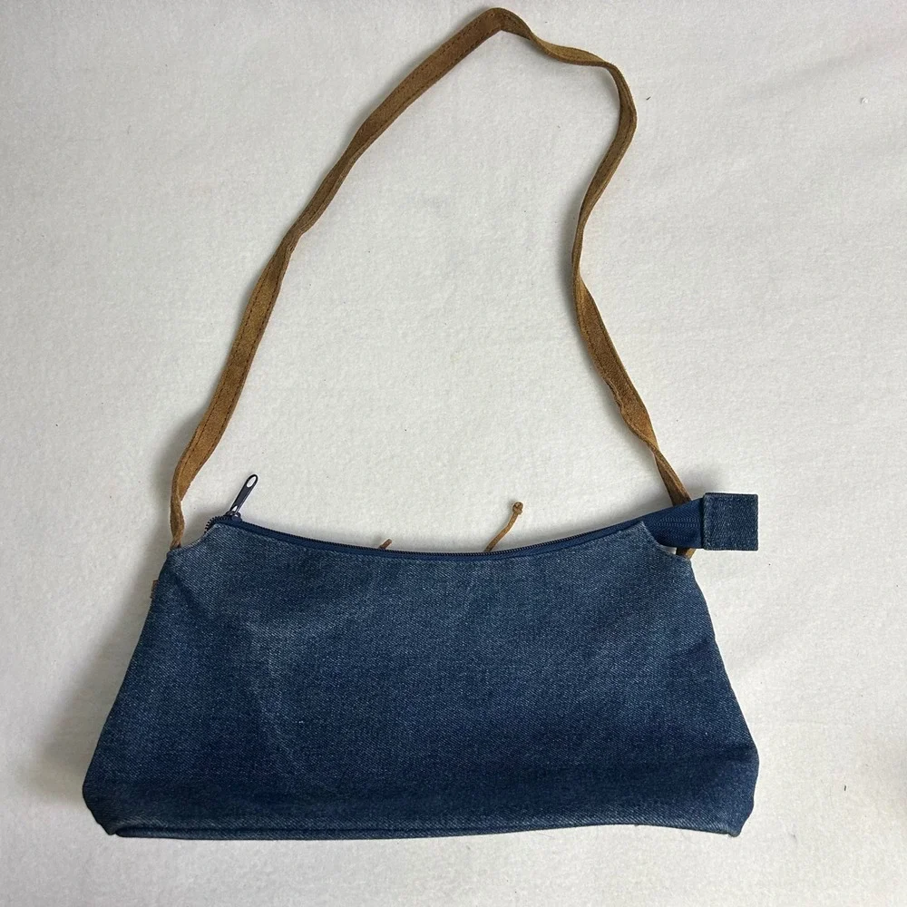 Y2K Boho Cappelli Womens Blue Denim Tan Bow Trim Zippered‎ Shoulder Bag Baguette